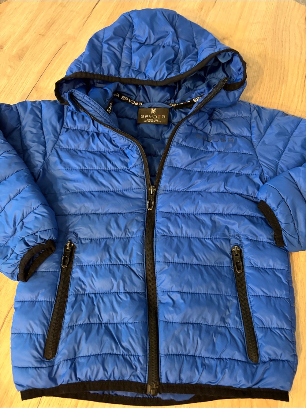 SPYDER BOYS BLUE SUPERLITE HOODED PUFFER JACKET SIZE 5/6